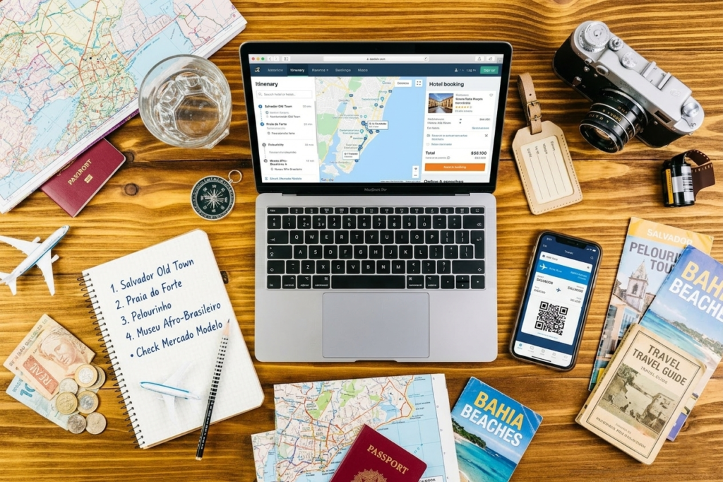 computador notebook aberto com mapa google maps cartão de embarque no celular mapa fisico passaporte caderno checklist para organizar roteiro de viagem