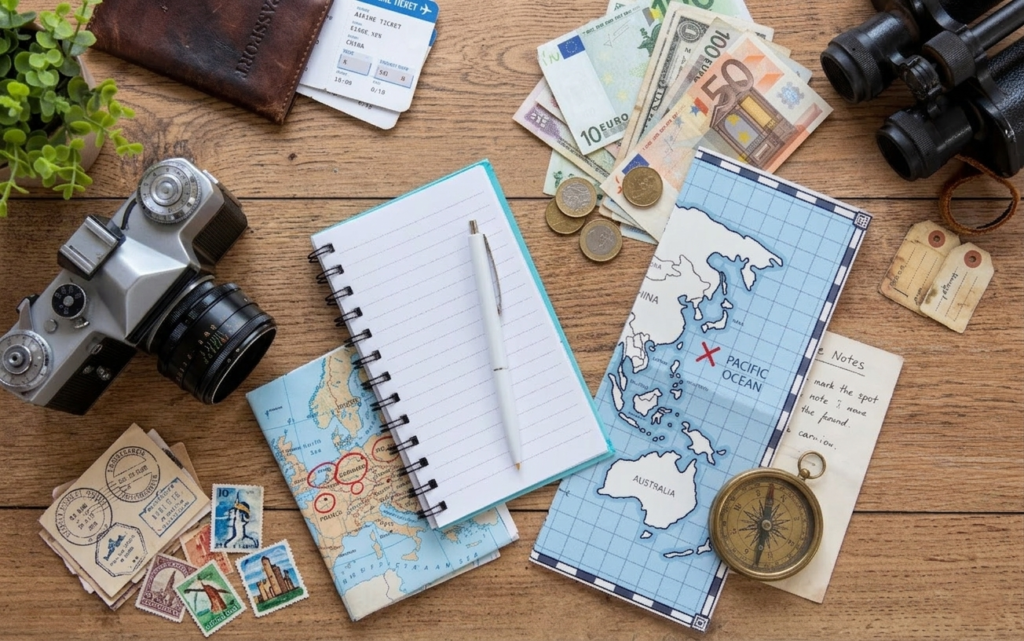 mesa com elementos de viagem como caderno mapas moedas dinheiro câmeras passaporte bússola cartão de embarque selos destino planejamento organização roteiro viagens