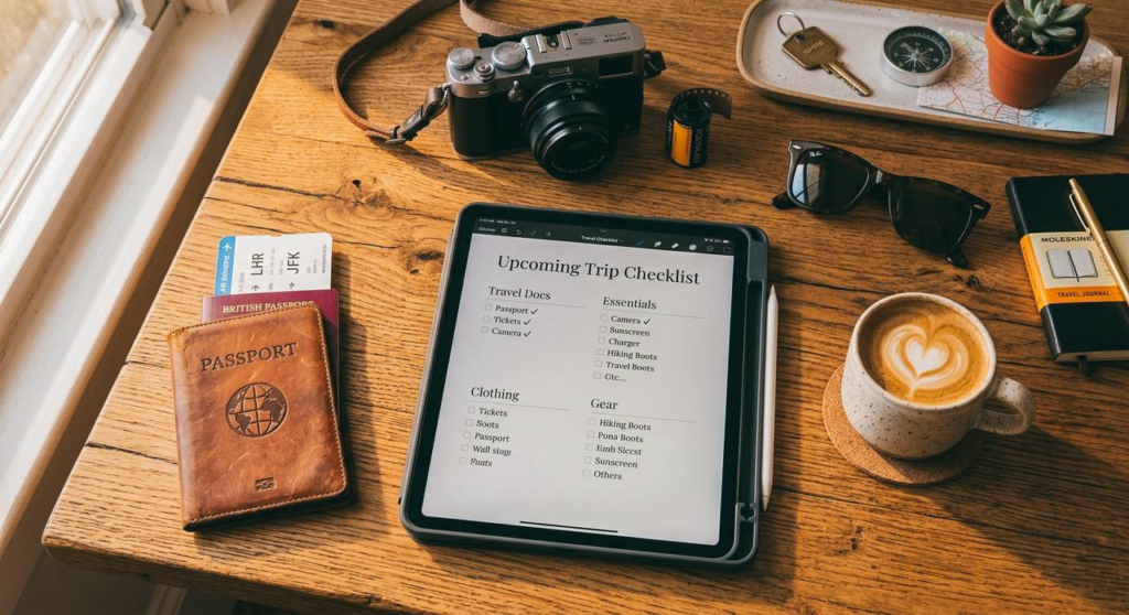 Tablet digital exibindo uma lista de viagem intitulada "Upcoming Trip Checklist" em cima de uma mesa de madeira, ao lado de um passaporte com passagens e uma xícara de café.