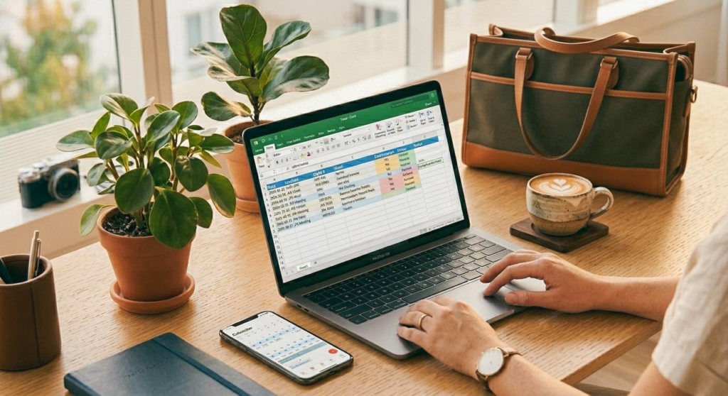 Pessoa utilizando um notebook que exibe uma planilha colorida de planejamento e cronograma de viagem, com um smartphone mostrando um calendário ao lado.