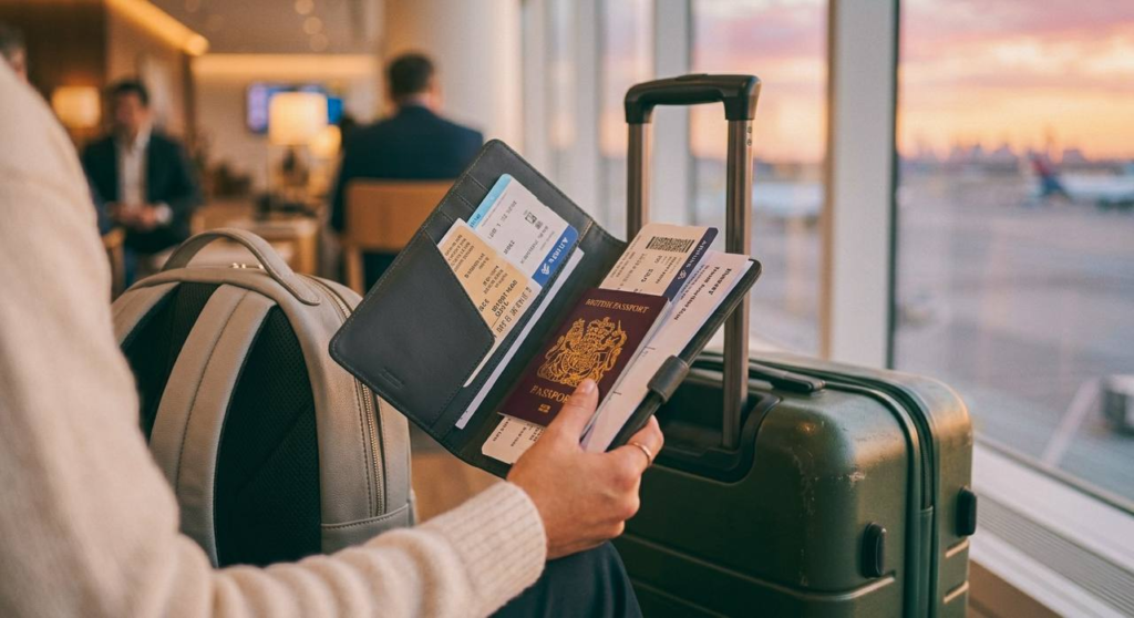 Passageiro segurando uma carteira de viagem com passaporte e passagens aéreas no saguão de um aeroporto, com malas e um avião visível pela janela ao pôr do sol.