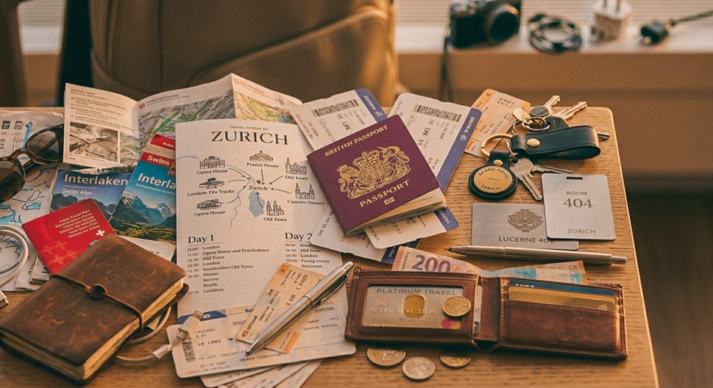 Mesa repleta de acessórios de viagem essenciais, incluindo passaporte, moedas, carteira de couro, mapas abertos, óculos de sol e caneta.