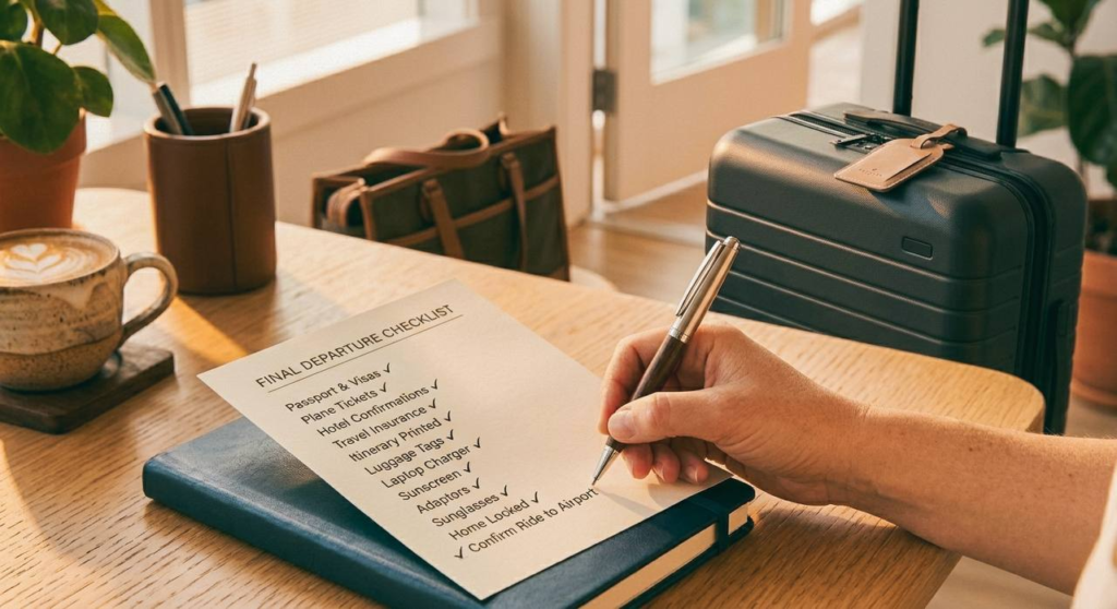 Mão de uma pessoa usando uma caneta para marcar itens em uma folha de papel com o título "Final Departure Checklist" ao lado de uma mala de viagem preta.