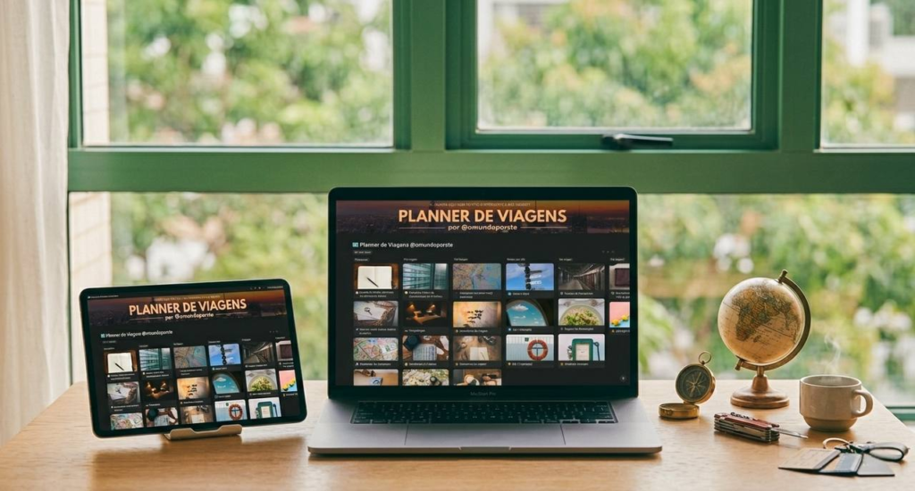 Computador MacBook Pro e tablet exibindo o painel completo do Planner de Viagens por Ste, estruturado com cartões visuais e fotos de destinos.