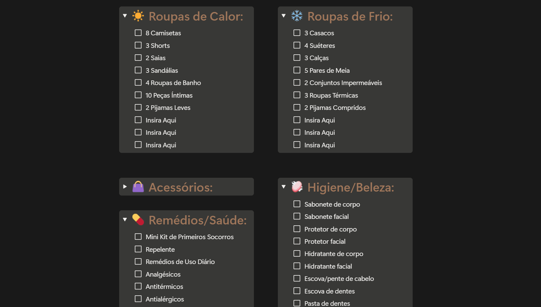 Checklist de bagagem preenchido